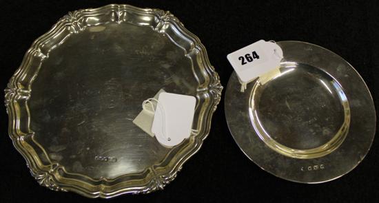 Circular silver waiter, crested & inscribed circular pin dish
